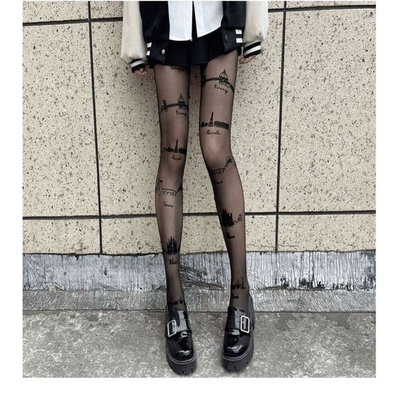 🏙️ Travel Cities Tattoo Printed Tights Black Sheer Nylon Pantyhose Hosiery NEW - Picture 5 of 16